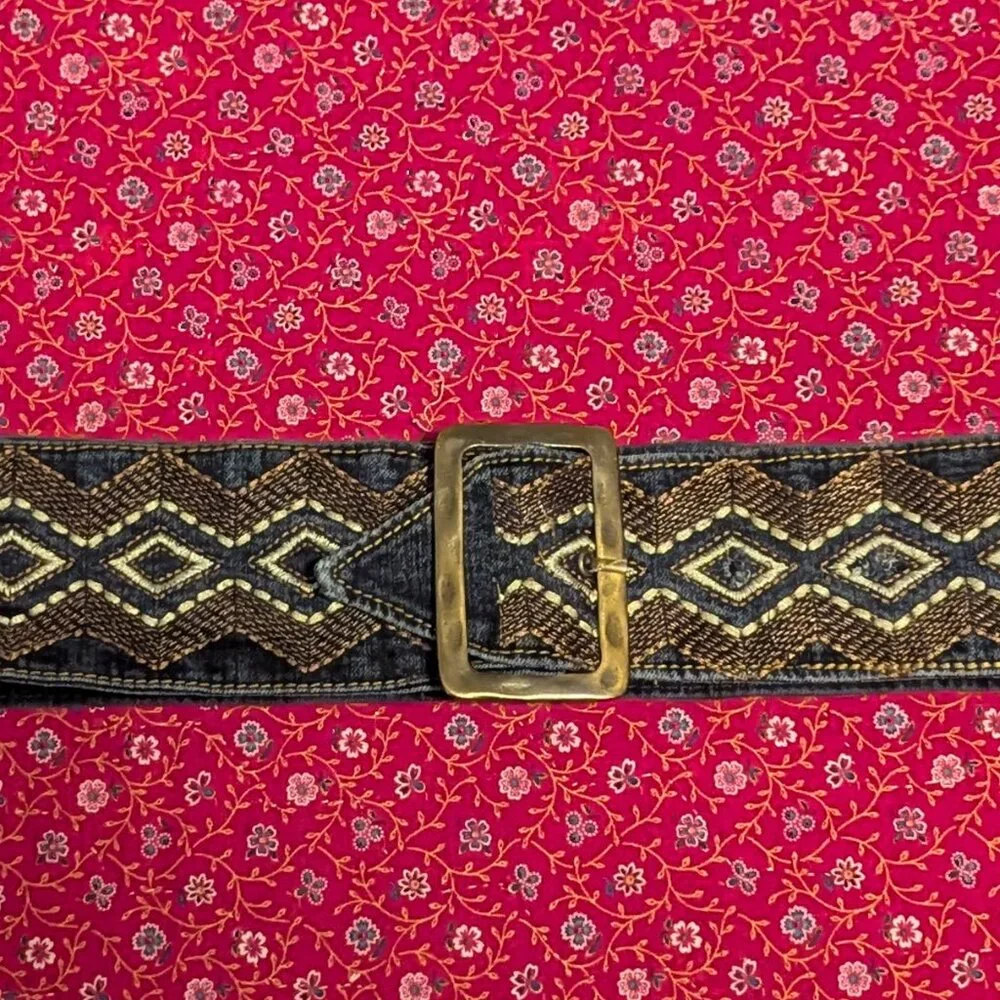 Vintage Embroidered Denim Belt Boho Western Coastal Cowgirl 90's Bronze Buckle